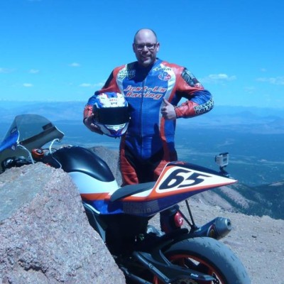 Adam Bauer at the top of Pikes Peak after his 12:16 run finishing 7th in the Middleweight Division on his ER6 Supertwin.